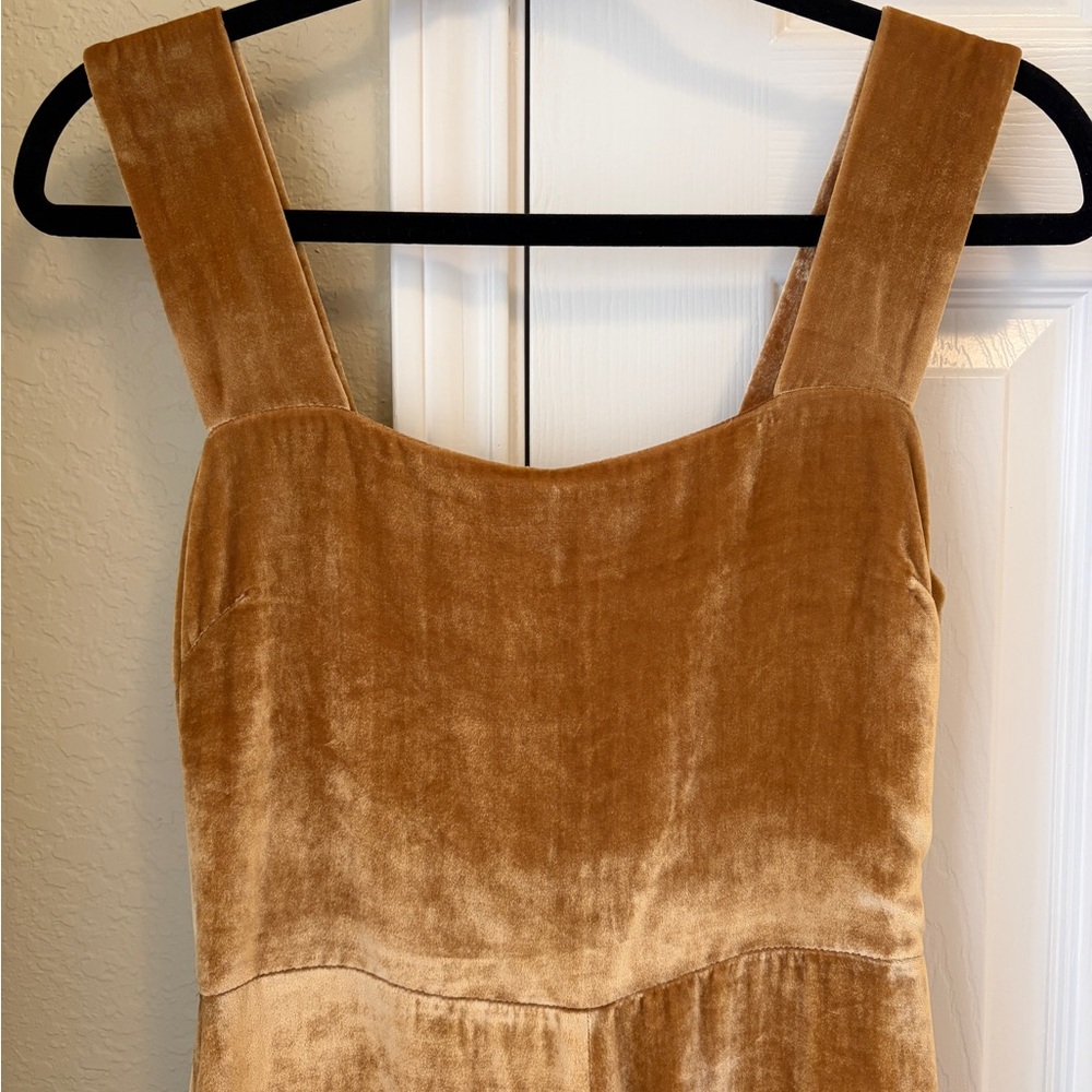 All Season Rayon/Silk Velvet Gold/Tan Reformation Dress, Worn 2X, Smoke/Pet Free